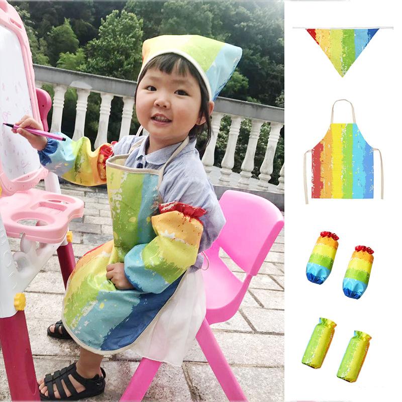 Rainbow Contrasting Color Studio Apron Printed Children's Apron Art Apron Canvas Denim Linen Apron Kitchen Cross Border