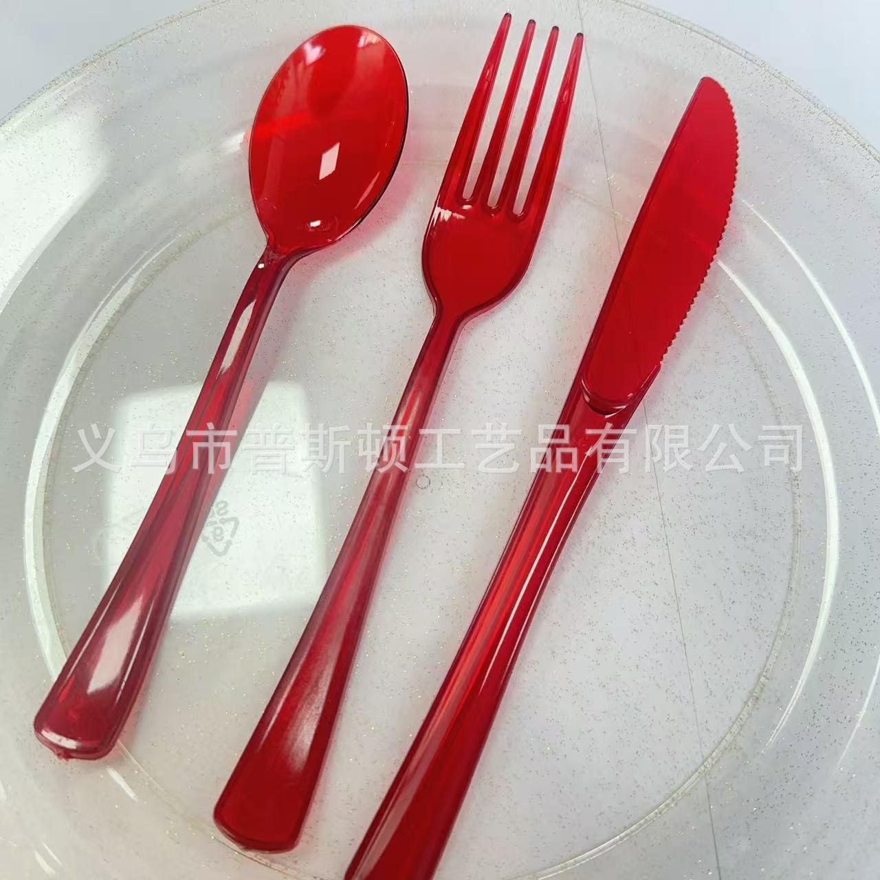 Transparent red (same color as cups and plates) / Knife