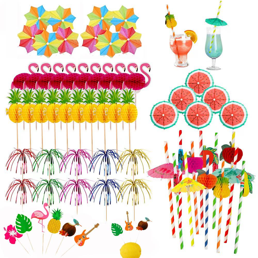 Cross Border Party Decoration Hawaiian Straw Fruit Umbrella Sign 3D Honeycomb Sign Set Watermelon Sign Pineapple