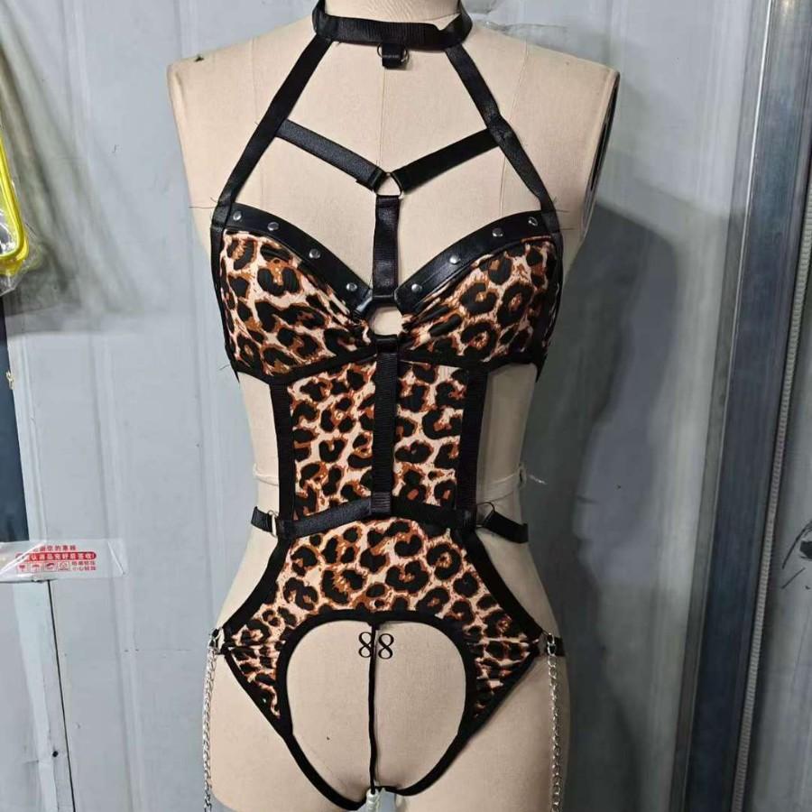 Bingliu Guo Sexy Lingerie Sexy Leopard Print Temptation One-Piece with Wild Cat Ears Headband