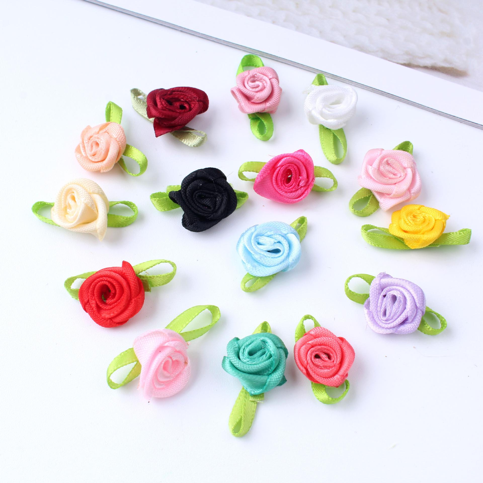 Ready-Made Handmade Rose Flowers with Leaves, Clothing Accessories, Ribbon Roses, Satin Ribbon Flowers, DIY Underwear Decoration