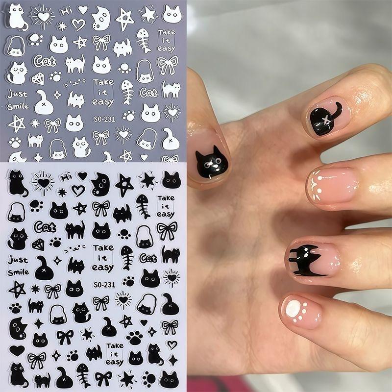 Internet Celebrity Popular Cute Kittens, Puppies, Rabbits, Graffiti Nail Art Stickers, Black and White Cat Cartoon Animal Nail Stickers