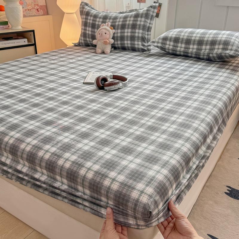 Washed Cotton Fitted Sheet Three-Piece Set, Simple Brushed Fabric Dustproof Mattress Protector, Single Piece Non-Slip Bed Cover thumbnail 4