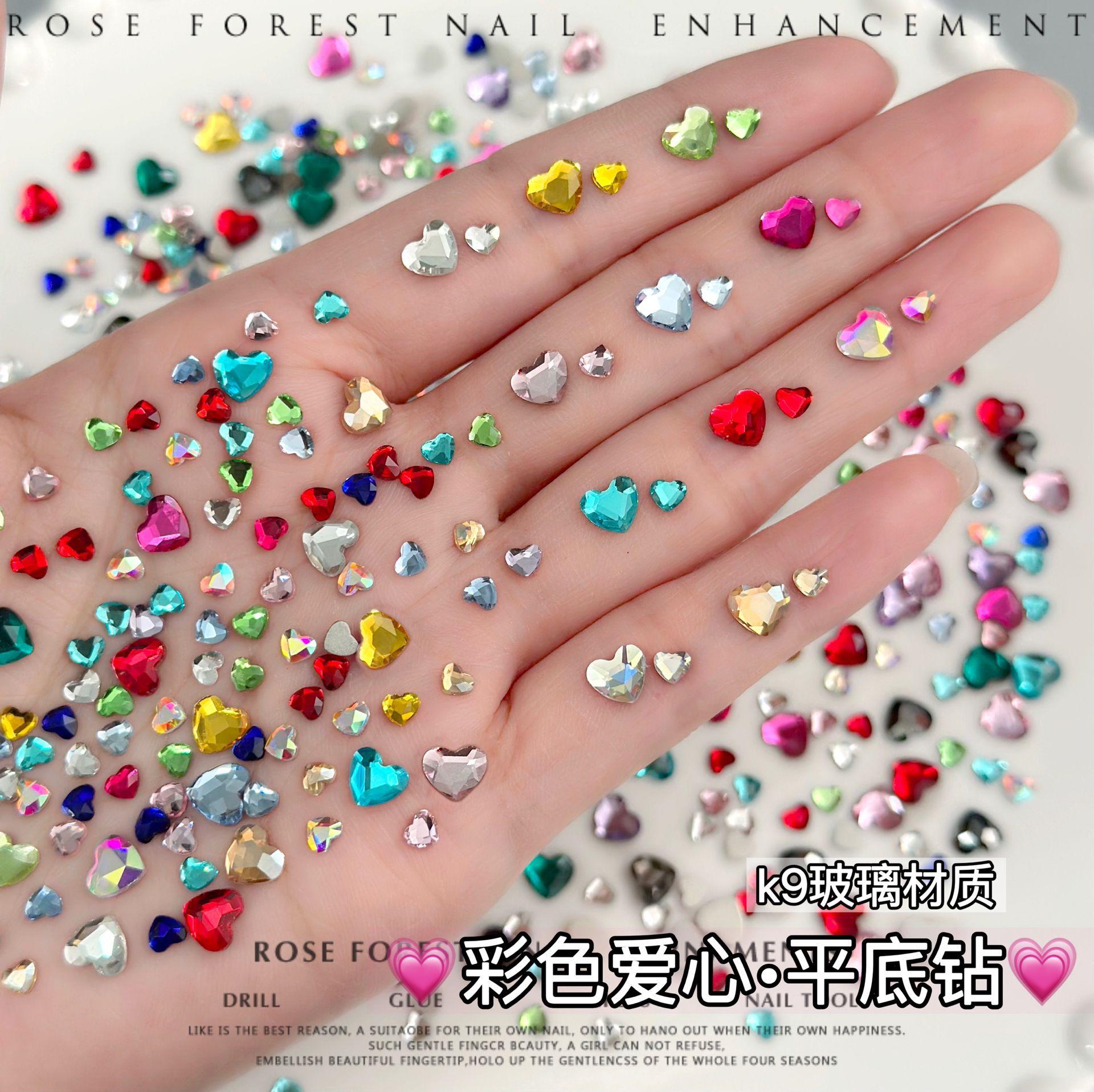 Color love nail drill flat shaped drill white heart rhinestone k9 glass valentine's day nail jewelry wholesale