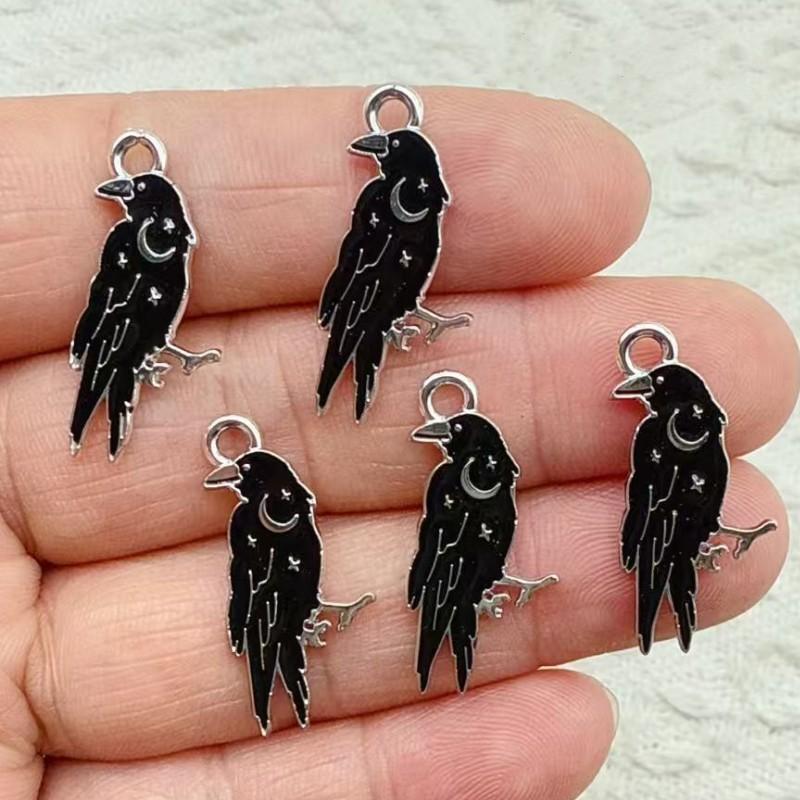 Black Gothic Style Alloy Silver Crow Star Moon Phase Tombstone Handmade Oil Dripping Death Style