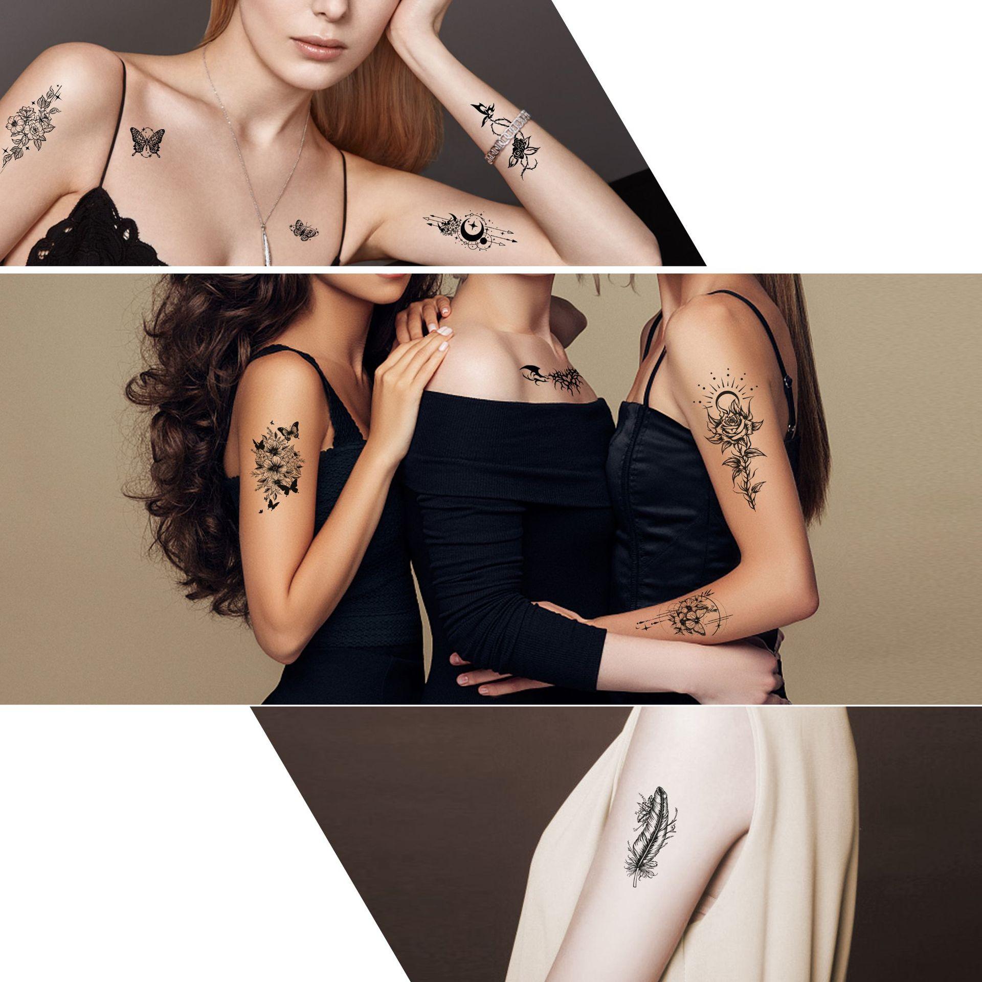 Cross-border New European and American Black and White Dark Tattoo Sticker Ins Butterfly Flower Sexy Female Simulation Small Fresh Tattoo Sticker thumbnail 4
